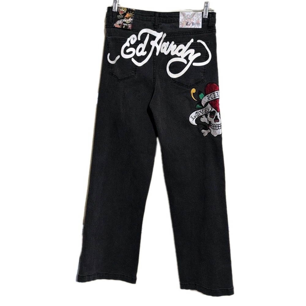 Ed Hardy Denim Jeans Womens 28 Faded Black Wide Leg Love Kills Slowly Skull Y2K